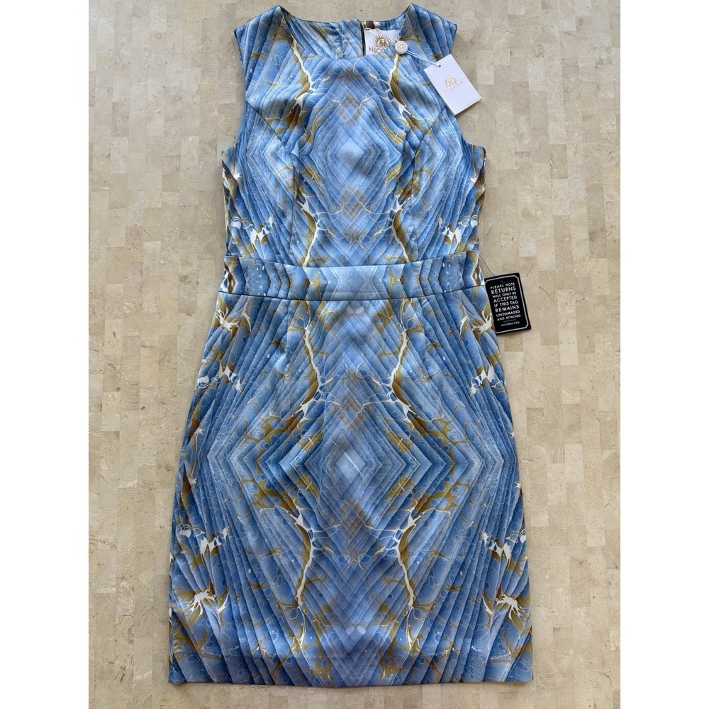 NICOBLU Sheath Blue Marble Satin Sleeveless Resorwear Vacation‎ Dress Size 6 NWT